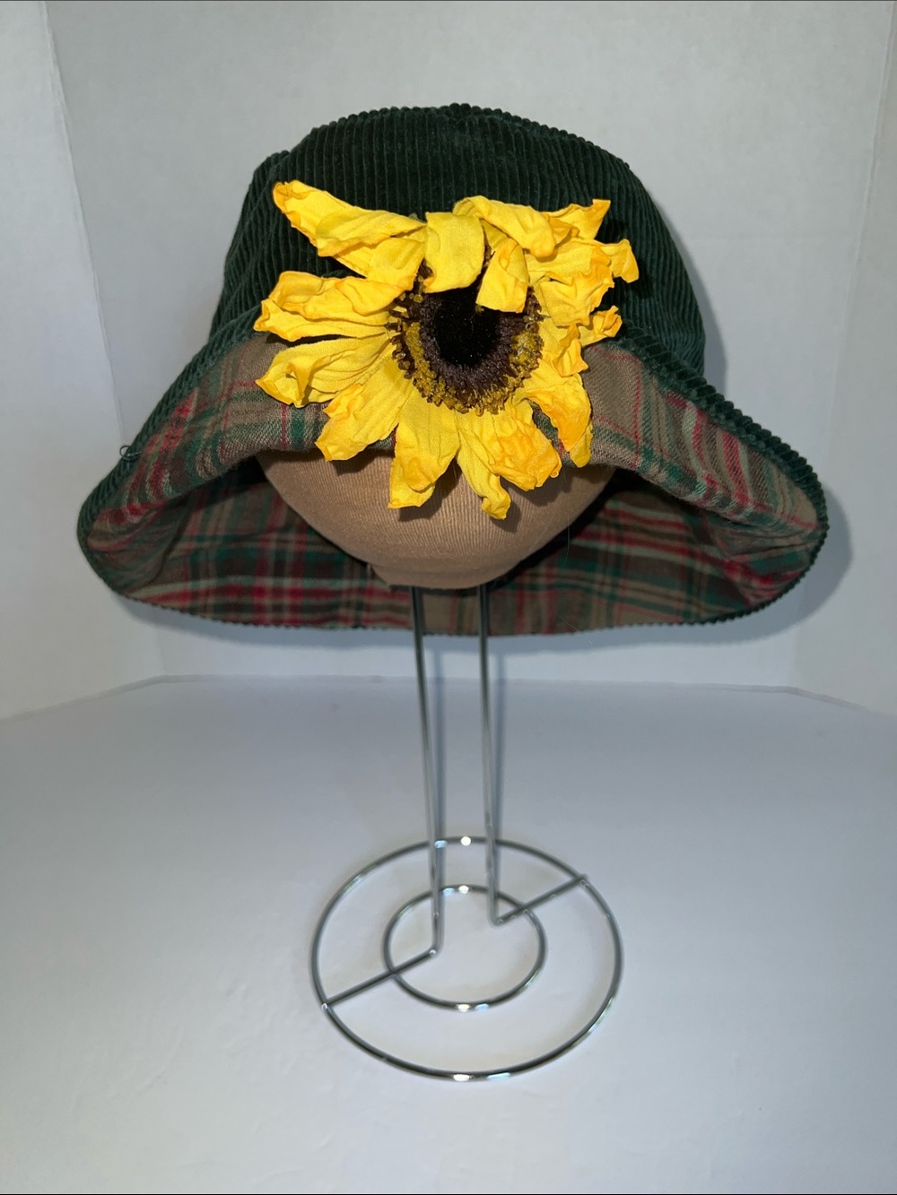 Green Corduroy Revesible Bucket Hat with Yellow Sunflower